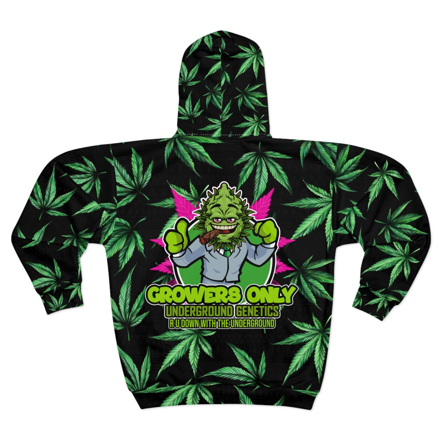 Marijuana Leaf Zip Hoodie — Green Cannabis Pattern Black Zip-Up - Image 2