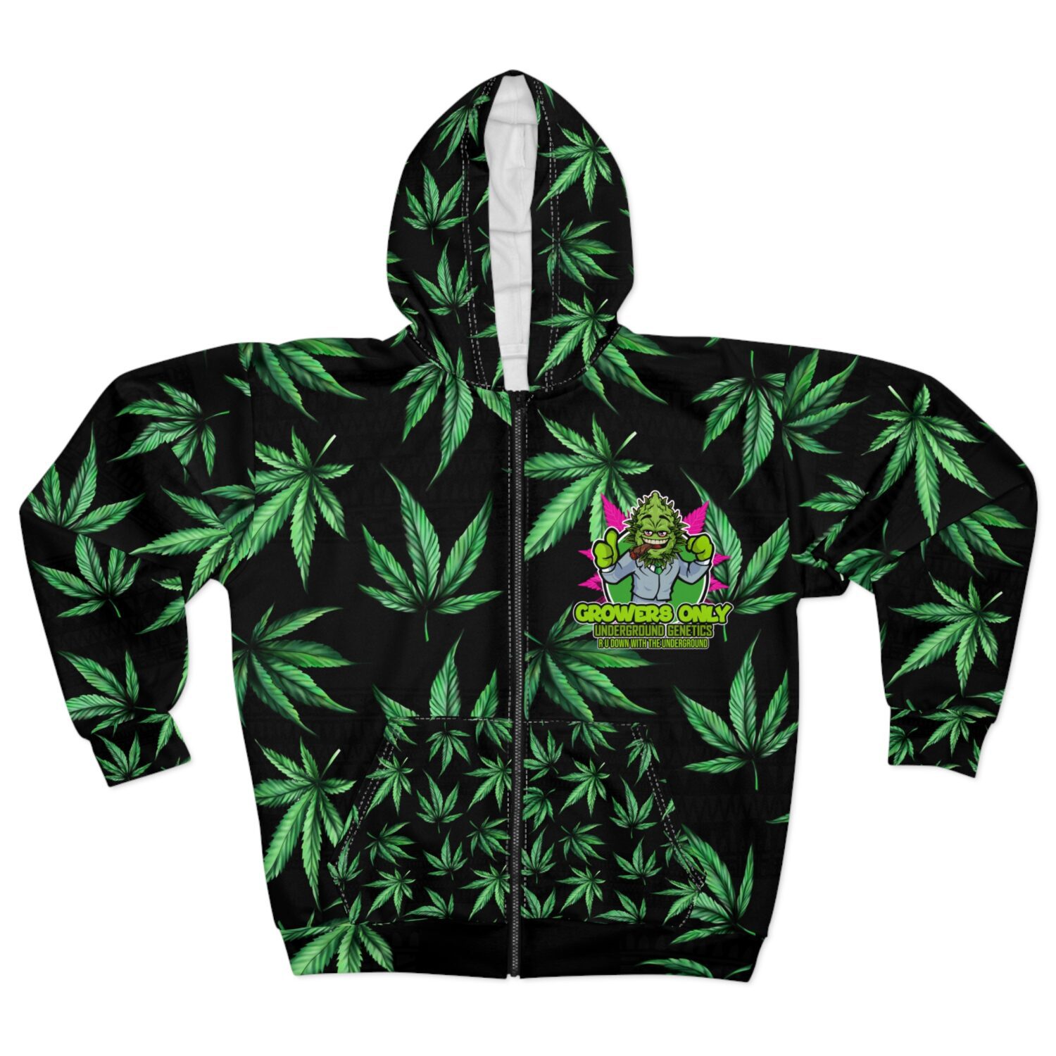 Marijuana Leaf Zip Hoodie — Green Cannabis Pattern Black Zip-Up