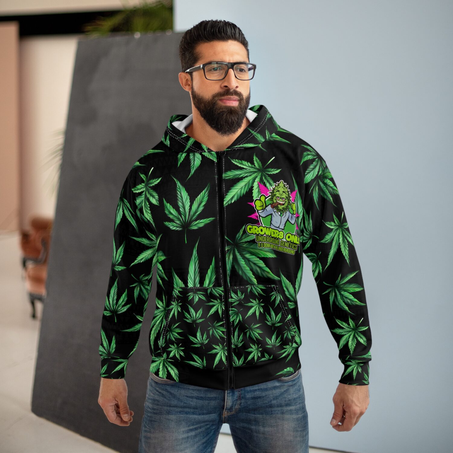 Marijuana Leaf Zip Hoodie — Green Cannabis Pattern Black Zip-Up - Image 3